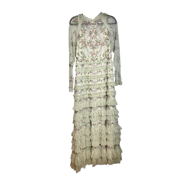 Mac Duggal Mesh Polka Dot Long Sleeve Floral Ruffle Tiered Maxi Gown 10 NWT - Picture 9 of 12
